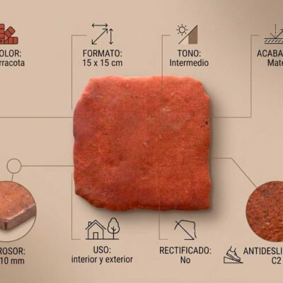 Baldosa cuadrada de barro cocido en tono terracota, formato 15×15 cm, con acabado mate y superficie texturizada característica del material rústico.