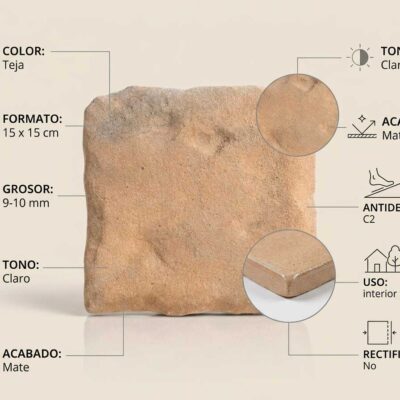 Pieza cuadrada de gres porcelánico de 15×15 cm en tonalidad teja claro con acabado mate y textura rugosa. Grosor de 9-10 mm, superficie antideslizante C2, apta para suelo porcelánico interior y exterior.