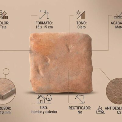 Pieza cuadrada de gres porcelánico de 15×15 cm en tonalidad teja clara con acabado mate y textura rústica. Grosor de 9-10 mm, apto para suelo porcelánico interior y exterior con propiedades antideslizantes C2.