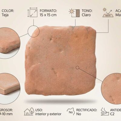 Baldosa cuadrada de gres porcelánico en tonalidad teja con superficie mate y acabado antideslizante C2, grosor 9-10 mm, apta para suelo porcelánico interior y exterior.