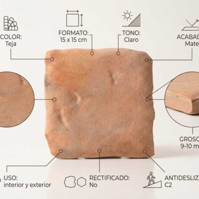Infografía técnica de baldosa porcelánica Benissa color teja 15×15 cm con detalles de acabado mate, grosor 9-10 mm, uso interior y exterior, antideslizante C2, no rectificado.
