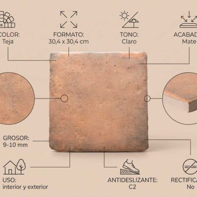 Pieza rectangular de porcelánico efecto teja en tonos cálidos beige con textura rústica y acabado mate, formato 30,4×30,4 cm, grosor 9-10 mm, apta para suelo porcelánico interior y exterior.