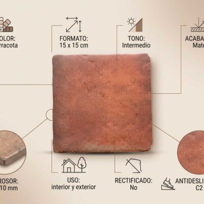 Pieza cuadrada de baldosa de barro cocido en tonalidad terracota intermedia, formato 15×15 cm, con acabado mate y superficie rústica con variaciones de color características del material cocido.