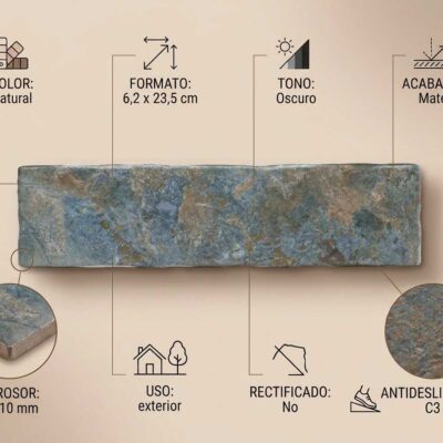 Infografía técnica de baldosa porcelánica rectangular 6,2 × 23,5 cm en color natural con tono oscuro, acabado mate, grosor 9-10 mm, apta para exterior, antideslizante C3, no rectificada. Incluye detalles de formato, muestras de textura y especificaciones.