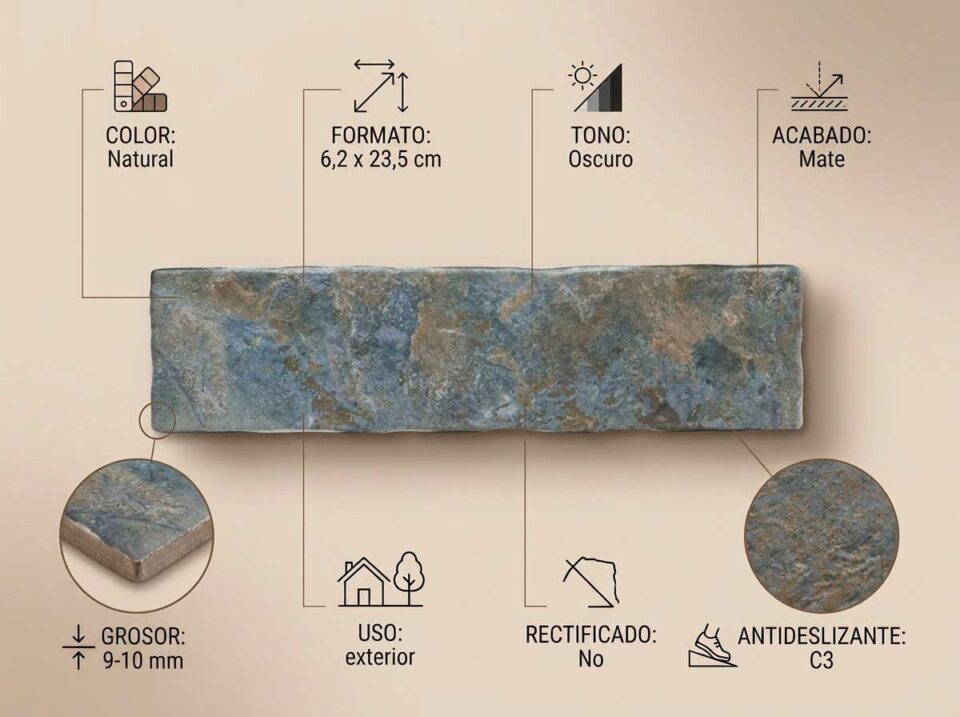 Porcelánico Bierzo Natural 6,2×23,5 cm MT Antid