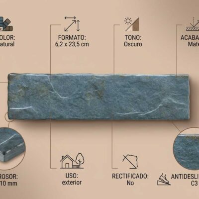 Diagrama técnico del porcelánico Bierzo Natural mostrando formato 6,2×23,5 cm, color natural, tono oscuro, acabado mate, grosor 9-10 mm, uso exterior, antideslizante C3, sin rectificado.