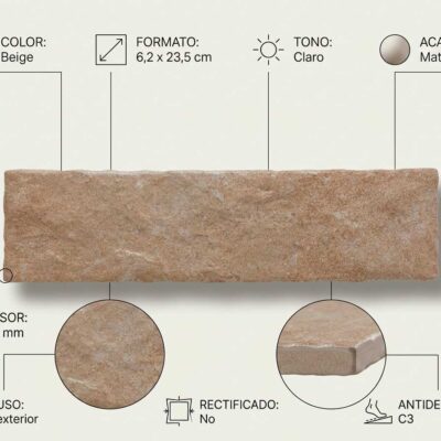 Pieza rectangular de gres porcelánico imitación madera en tono beige claro con acabado mate. Formato alargado 62×235 cm, superficie con textura natural y veteado sutil, grosor 8-10 mm. Indicado para uso exterior con antideslizante C3.