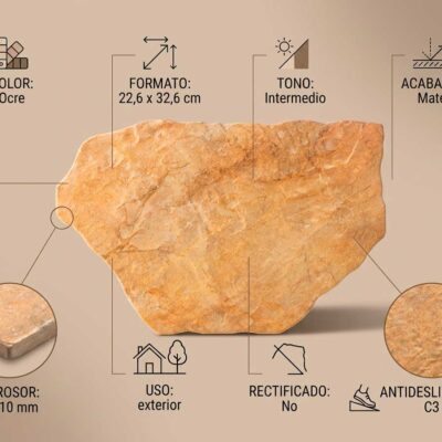 Ficha técnica del gres porcelánico Montesa Ocre con especificaciones: formato 22,6 x 32,6 cm, tono intermedio, acabado mate, grosor 9-10 mm, uso exterior, no rectificado, antideslizante C3. Muestra el aspecto de la pieza con textura de piedra natural en tonos cálidos.