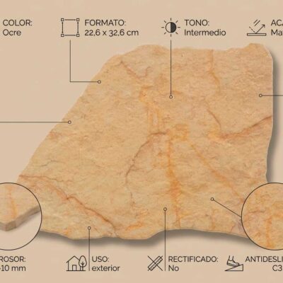 Pieza rectangular de gres porcelánico en tonalidad ocre con superficie mate y textura irregular. Formato 22,6 x 32,6 cm, grosor 9-10 mm, apto para suelos porcelanicos de uso exterior con acabado antideslizante.