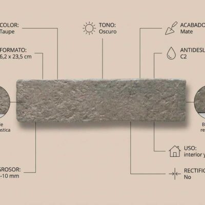 Pieza rectangular de gres porcelánico en formato 62x235 cm con acabado mate y superficie rústica de tonalidad taupe gris. Borde no rectificado visible. Antideslizante C2.