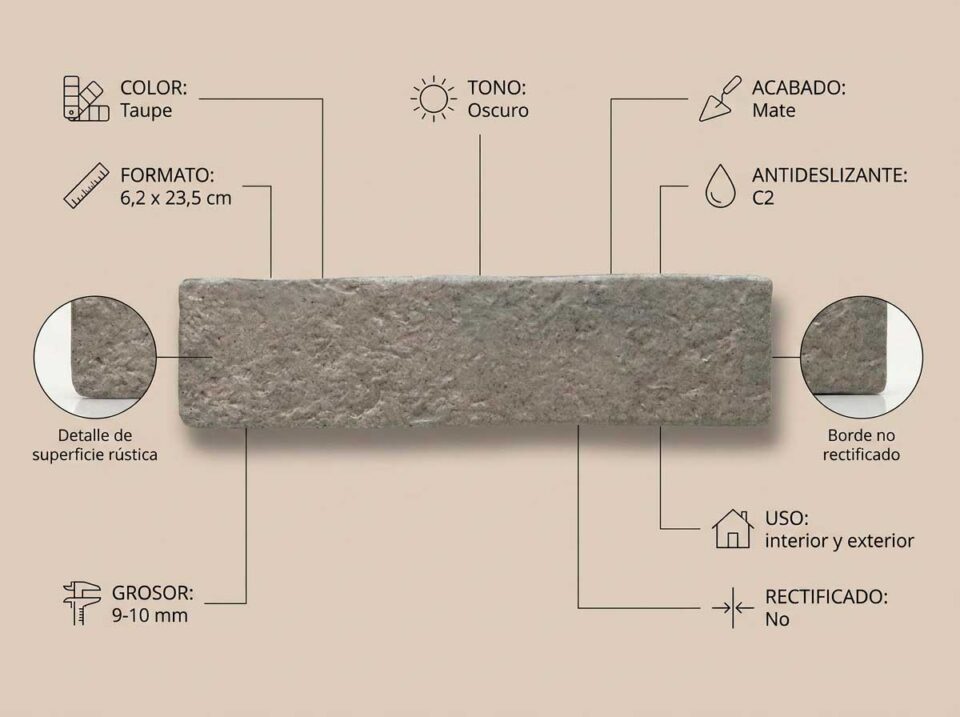 Porcelánico Tosca Taupe 6,2×23,5 cm MT Antid