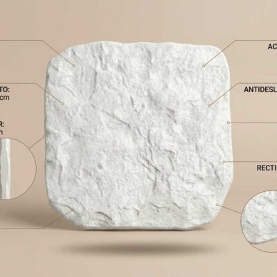 Baldosa porcelánica cuadrada de 15×15 cm en blanco con textura irregular y acabado mate, diseñada para suelos porcelánicos de interior y exterior con protección antideslizante C3.