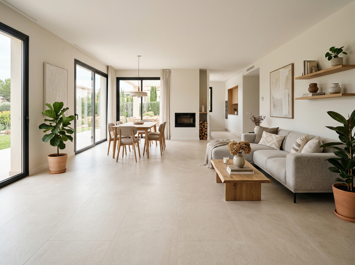 Salón reformado con suelo porcelánico claro y acabado natural