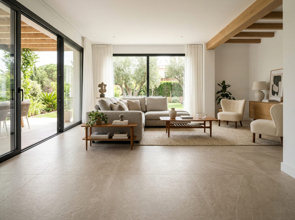 Suelo porcelánico para salón: madera, piedra, mármol o cemento