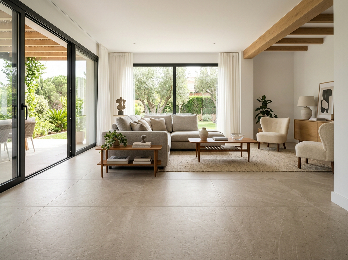Suelo para salón porcelánico en vivienda luminosa con acabado natural