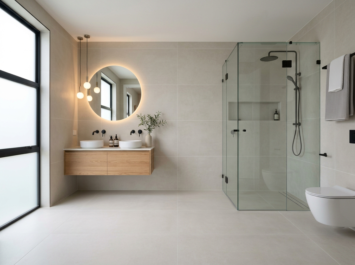 Azulejos rectificados instalados con junta fina en un baño moderno