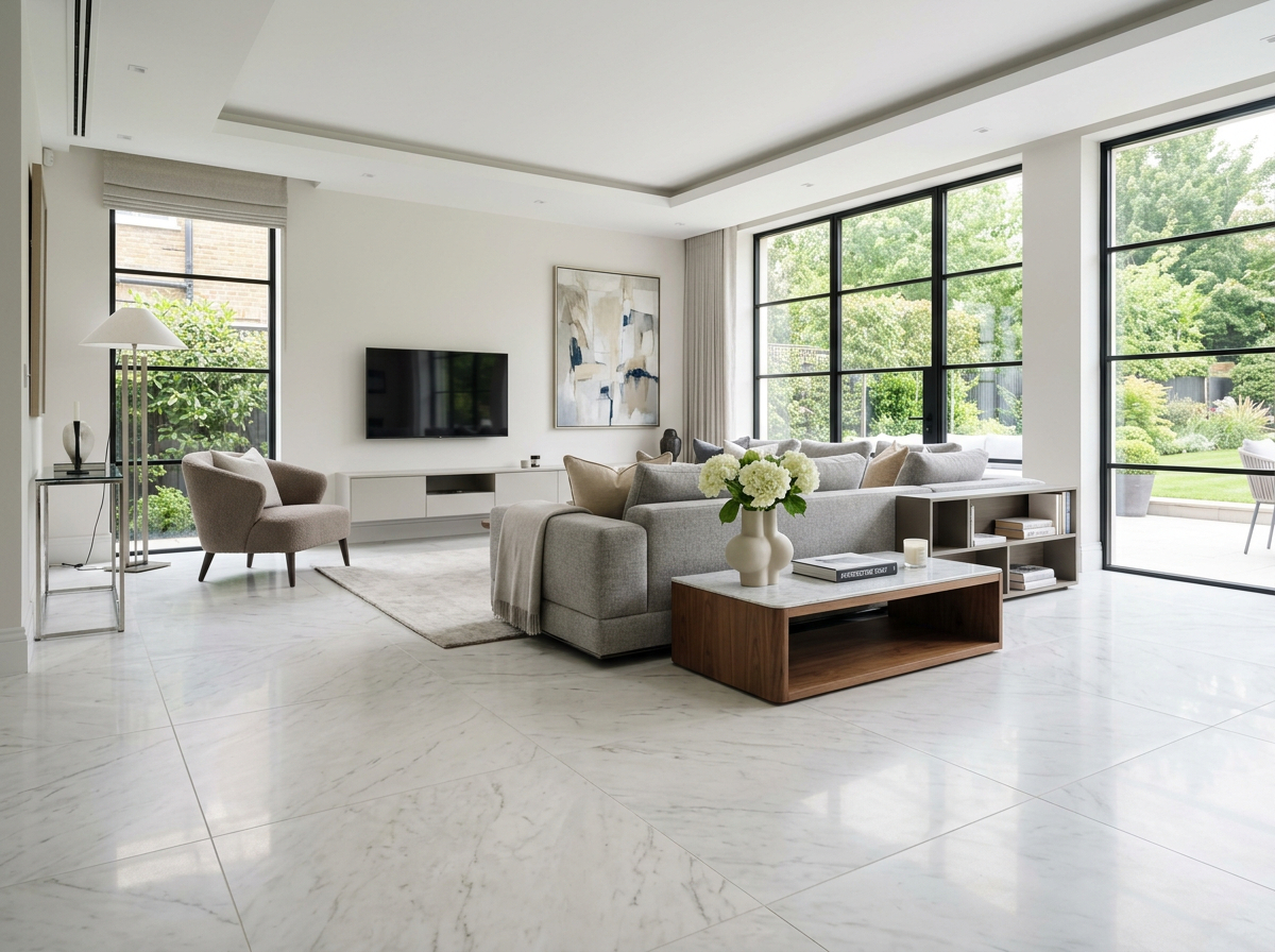 Salón elegante con suelo porcelánico efecto mármol claro y mobiliario contemporáneo