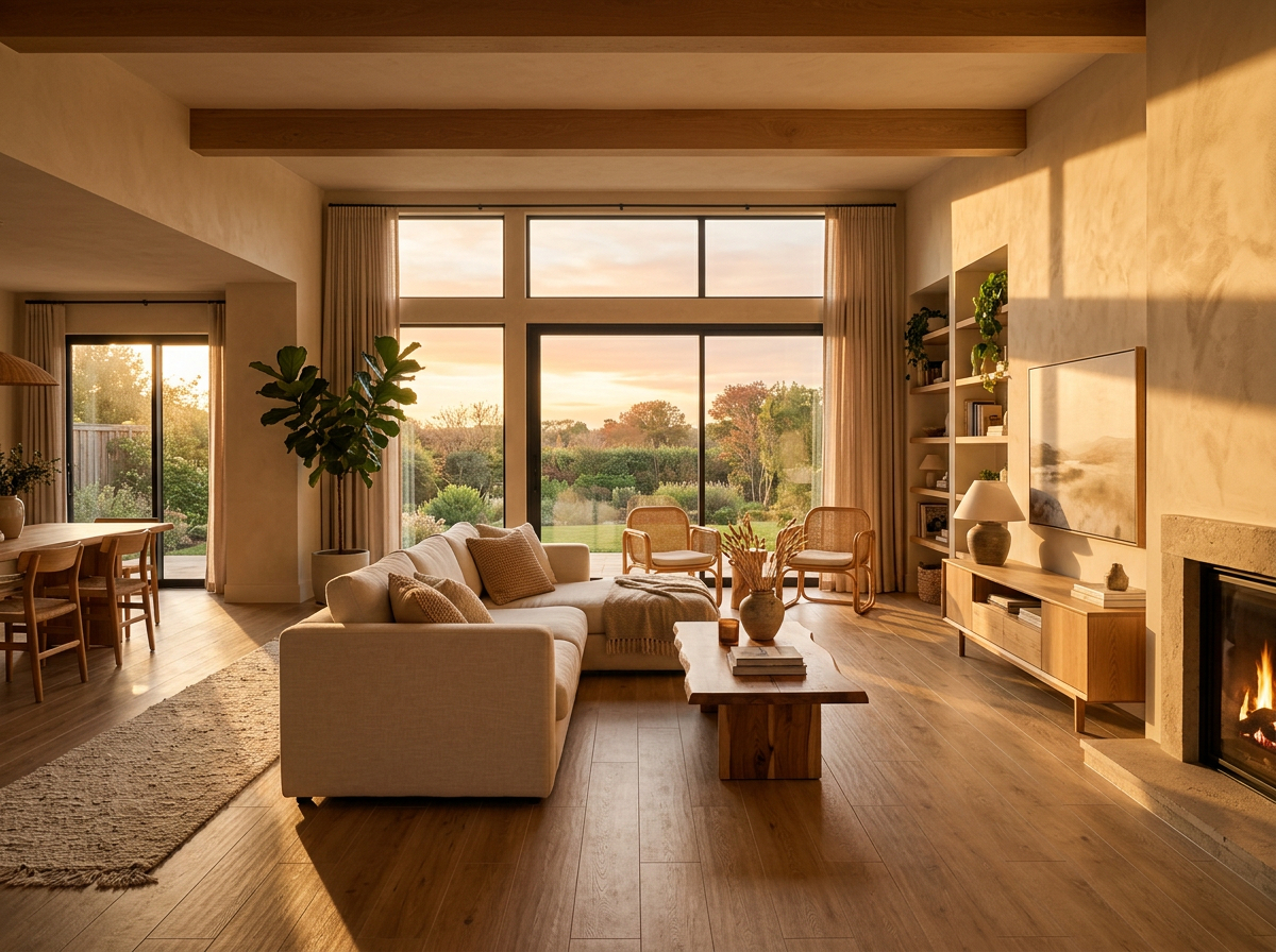 Salón luminoso con suelo porcelánico imitación madera en tono roble natural