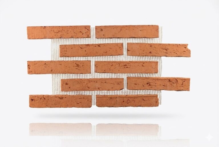Piezas rectangulares de barro cocido con tono rojo cálido y acabado rústico envejecido, dispuestas en patrón de obra vista con malla de refuerzo visible entre las juntas.