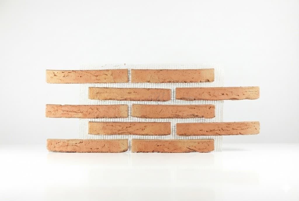 Piezas rectangulares de baldosa de barro cocido con tonalidades cálidas variables, dispuestas en hiladas alternas con malla de refuerzo visible entre ellas. Acabado rústico con textura irregular característica del barro cocido tradicional.