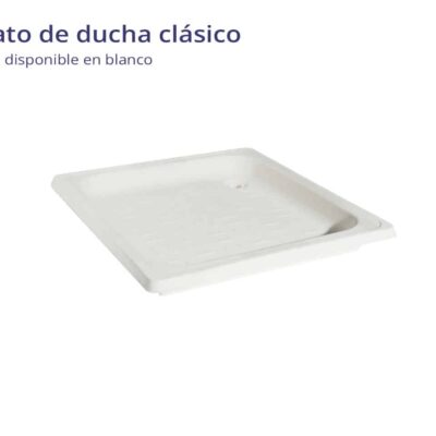 Plato de ducha cuadrado de cerámica en color blanco, con bordes redondeados y superficie interior texturizada. Diseño clásico y compacto.