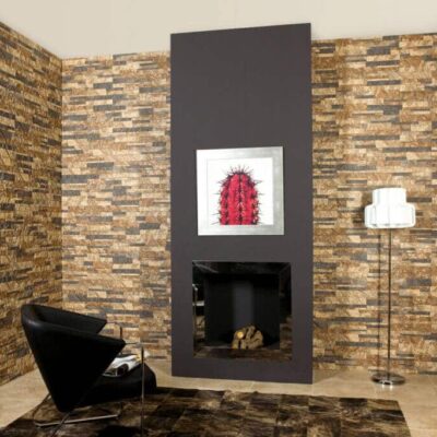 Espacio interior con paredes revestidas en aplacado de pizarra gris y marrón en formato rectangular, una chimenea central de hormigón con cuadro de cactus rojo, suelo de gres porcelánico efecto piedra, y mobiliario moderno en negro.