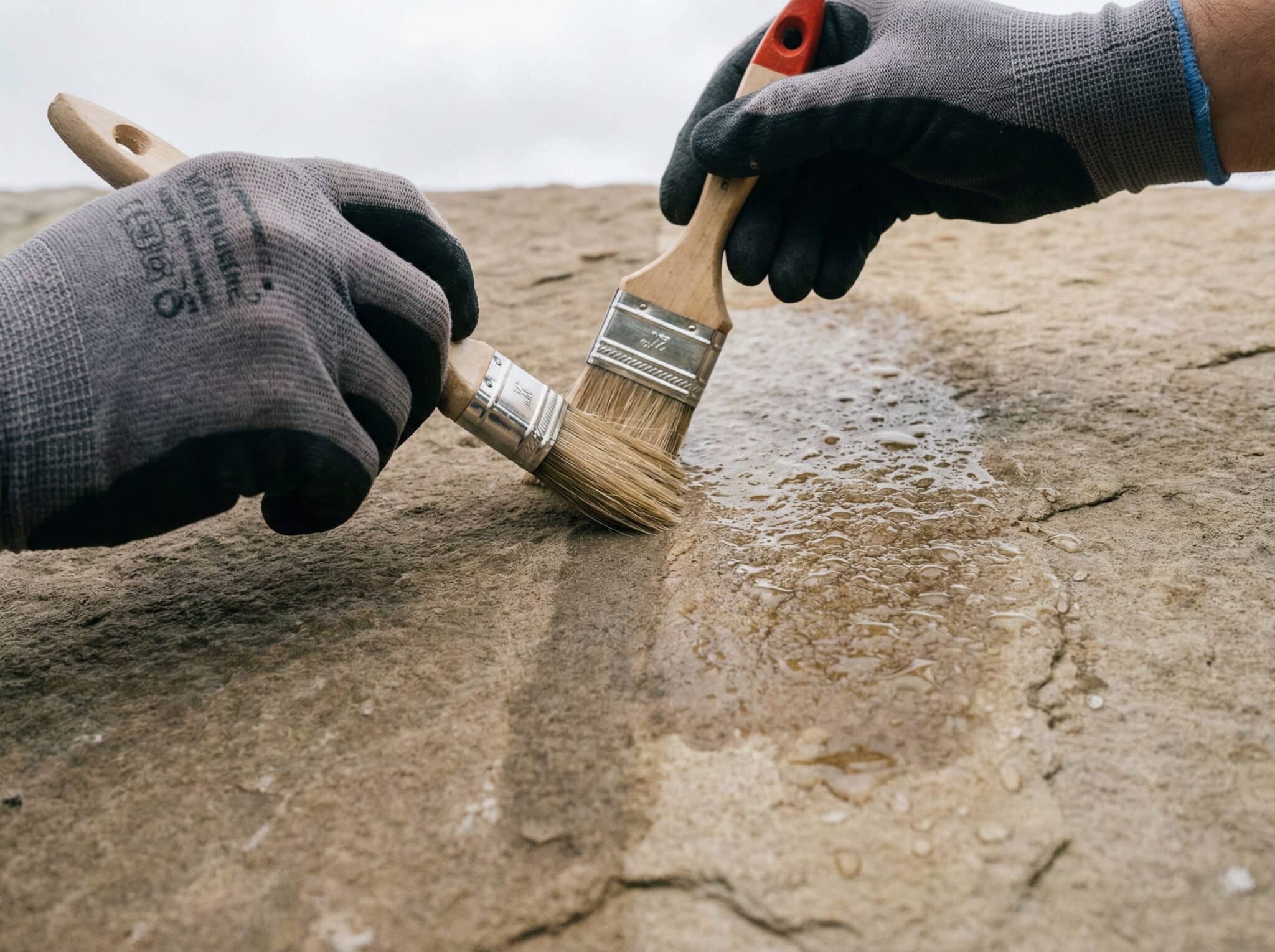 Aplicación de líquido hidrofugante sobre piedra natural para proteger el revestimiento de manchas y agua