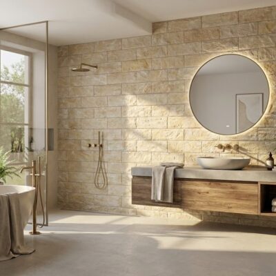 Baño contemporáneo con pared de revestimiento efecto piedra en tonos marfil y beige, espejo circular, lavabo de cerámica sobre mueble de madera flotante, bañera independiente y ducha con mamparas de cristal.