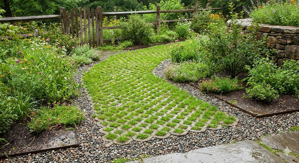 Camino exterior de jardín con pavicésped verde instalado y drenaje natural