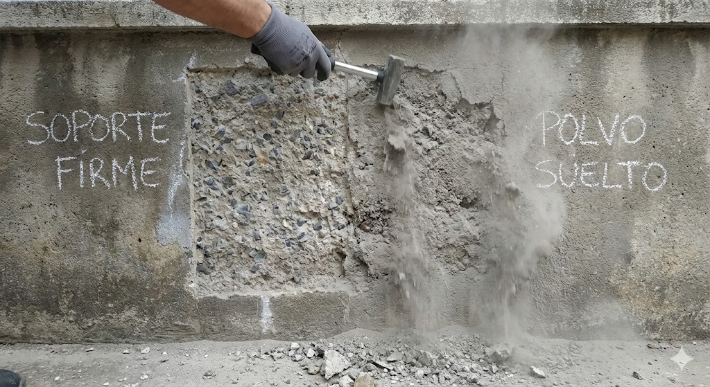Comprobación de soporte firme en muro de hormigón exterior, con zona limpia y zona con polvo suelto