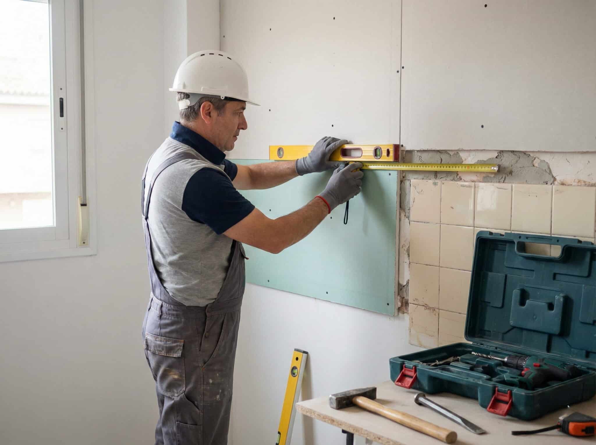 Comprobación del soporte de pladur y azulejo viejo antes de instalar el nuevo revestimiento de pared