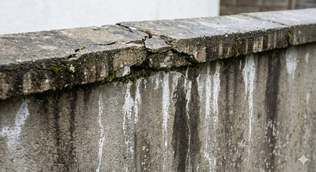 Detalle de coronación y manchas en muro de hormigón exterior para identificar entrada de agua