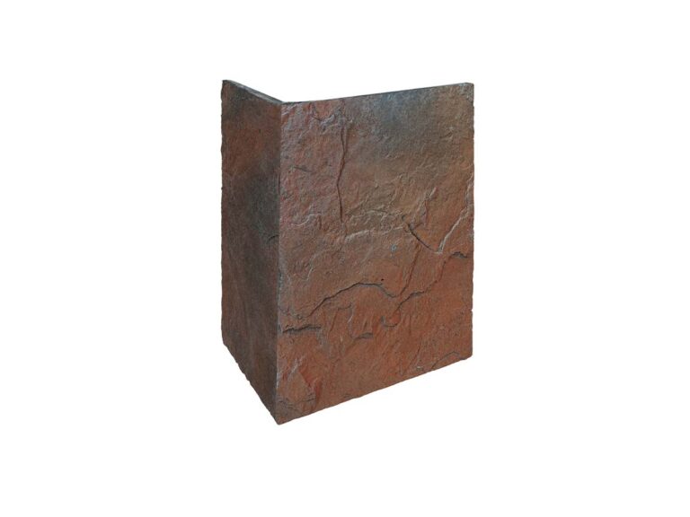 Pieza angular de aplacado pizarra cobrizo con textura rugosa y superficie irregular de piedra natural, tonos marrones y grises con vetas oscuras, acabado mate rústico.