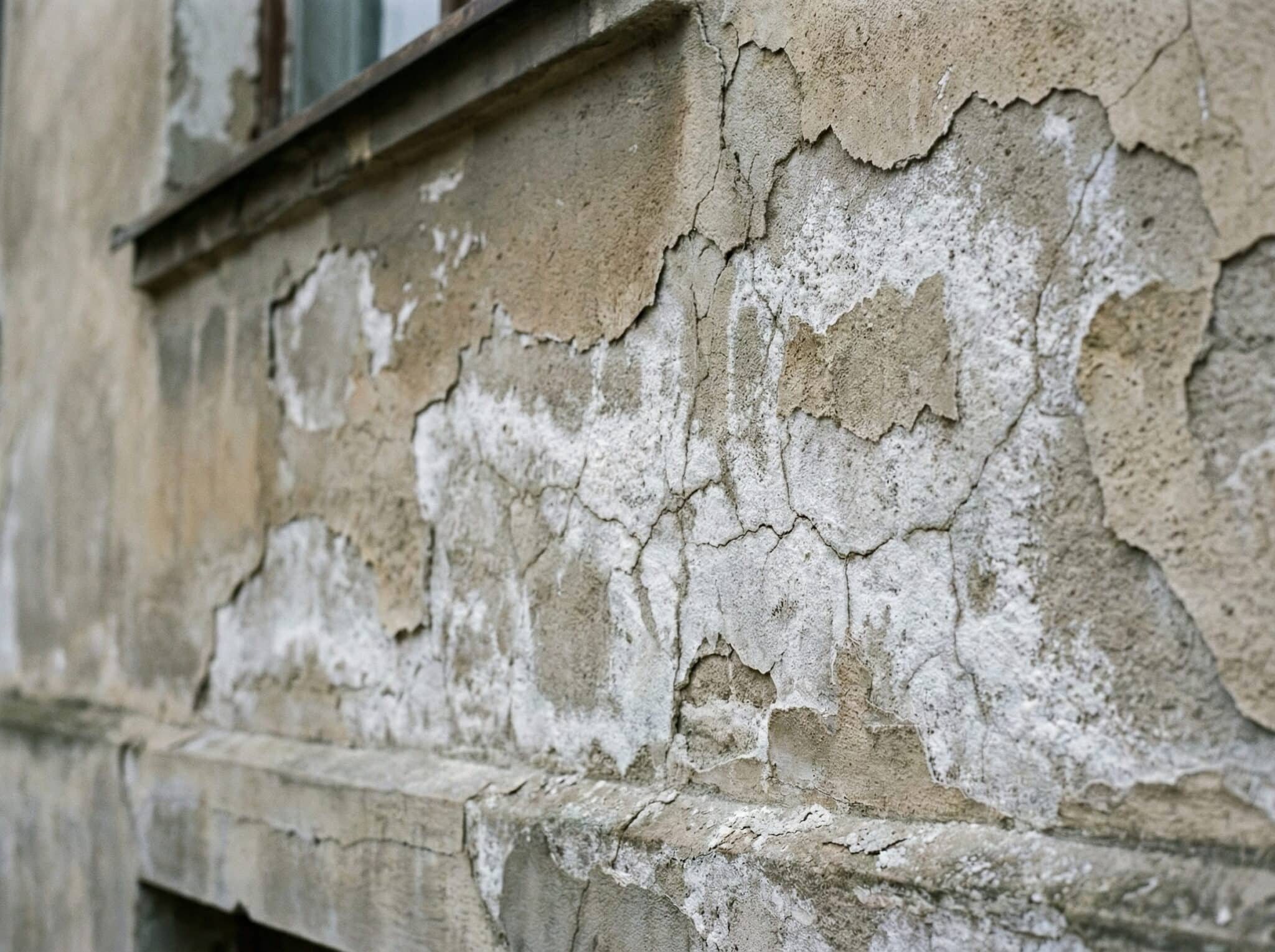 Detalle de fachada con daños por humedad y ciclos de hielo para ilustrar la importancia del clima al elegir revestimiento