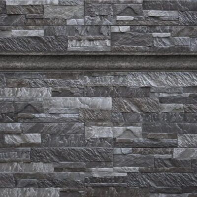 Superficie de gres cerámico con textura de piedra natural en tonos grises oscuros y claros, acabado mate rugoso que imita vetas y relieve de pizarra.