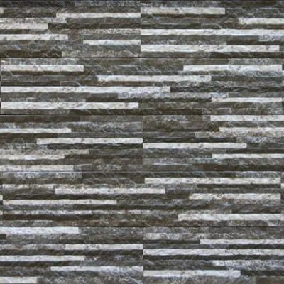 Superficie de gres cerámico con textura de piedra natural en tonos grises oscuros y claros, acabado mate, mostrando vetas irregulares y relieve táctil característico del modelo Tebas.