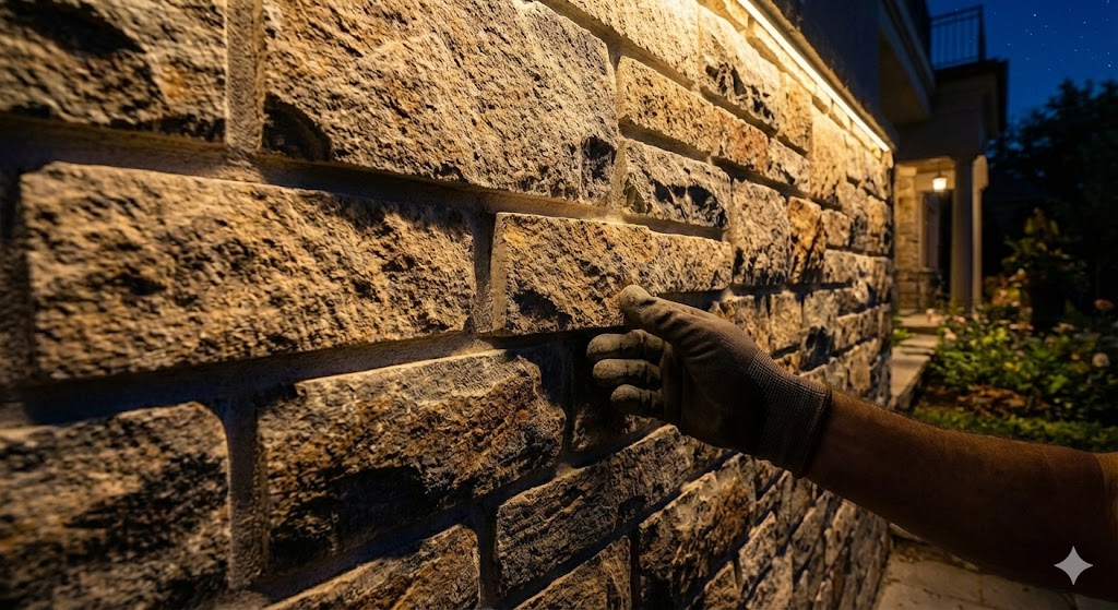 Iluminación rasante aplicada a muro exterior decorado para crear relieve y profundidad por la noche