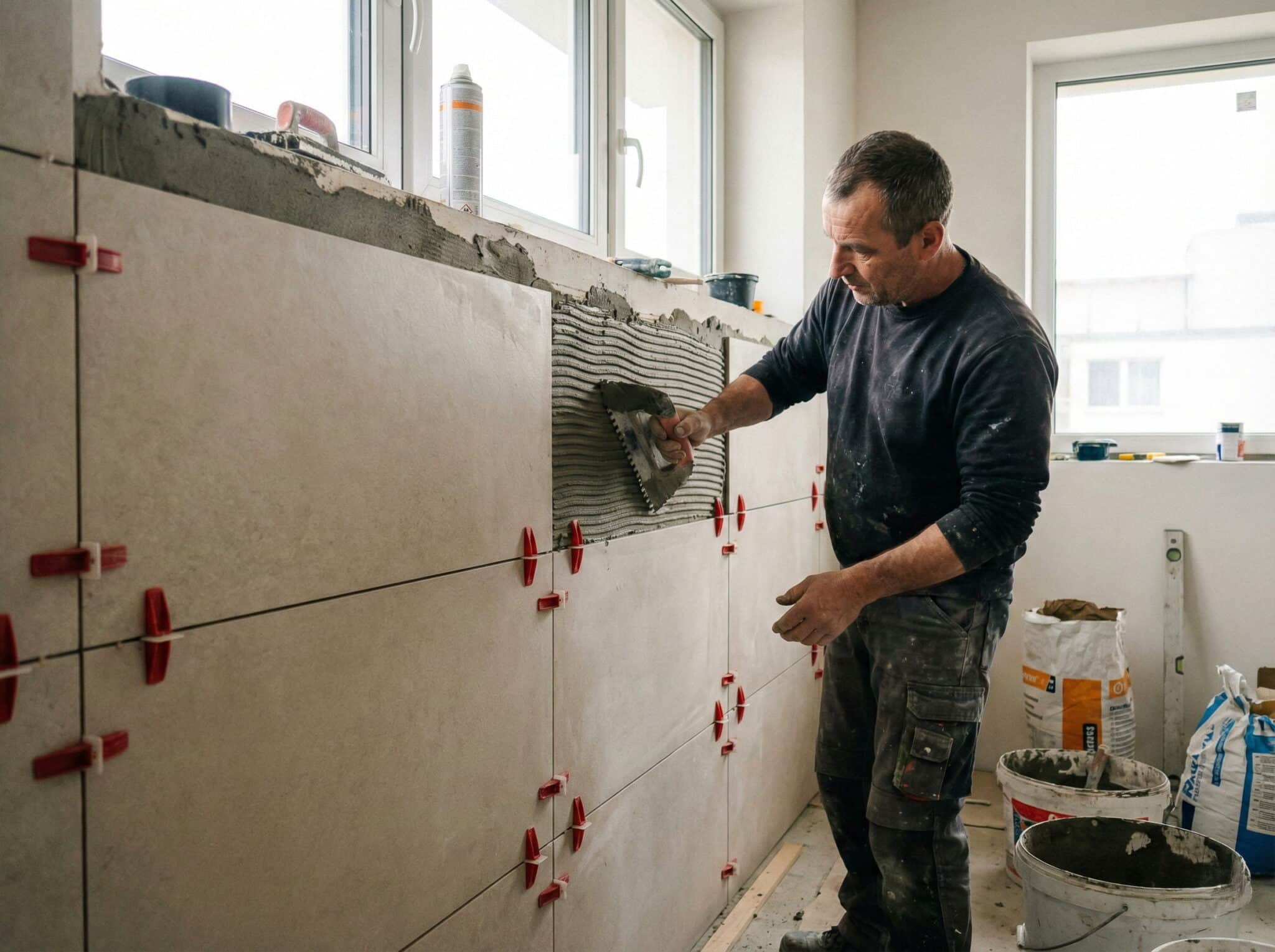 Instalación de revestimiento de pared con piezas alineadas y juntas homogéneas bien ejecutadas