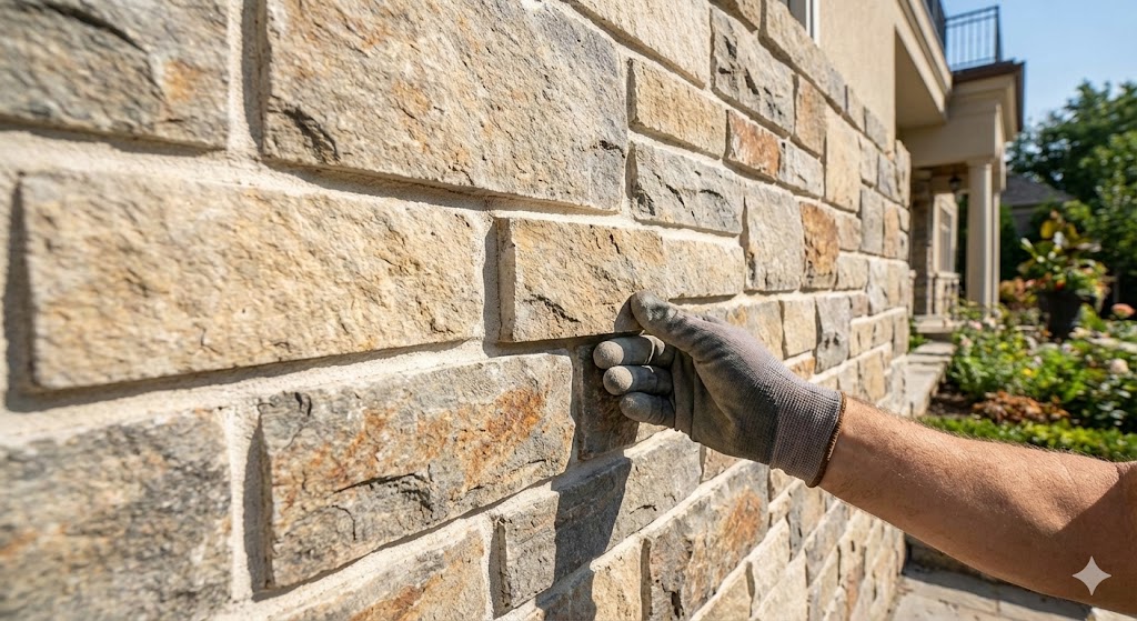 Instalación de revestimiento exterior tipo piedra sobre muro, con piezas alineadas y juntas homogéneas