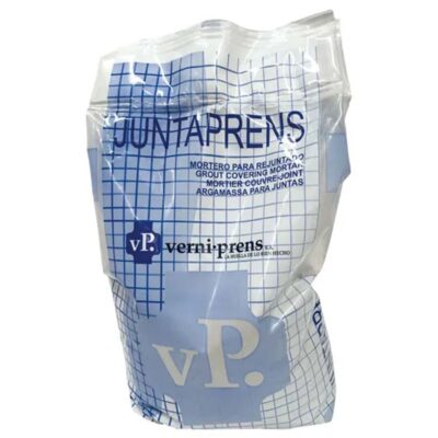 Bolsa de mortero Juntaprens para rejuntado de 5 kg con packaging blanco y azul de la marca Verniprens.