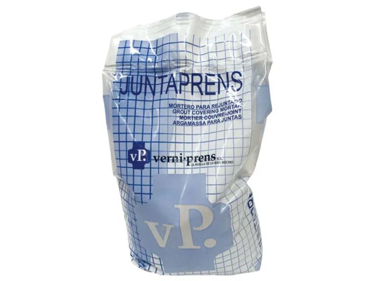 Bolsa de mortero Juntaprens para rejuntado de 5 kg con packaging blanco y azul de la marca Verniprens.