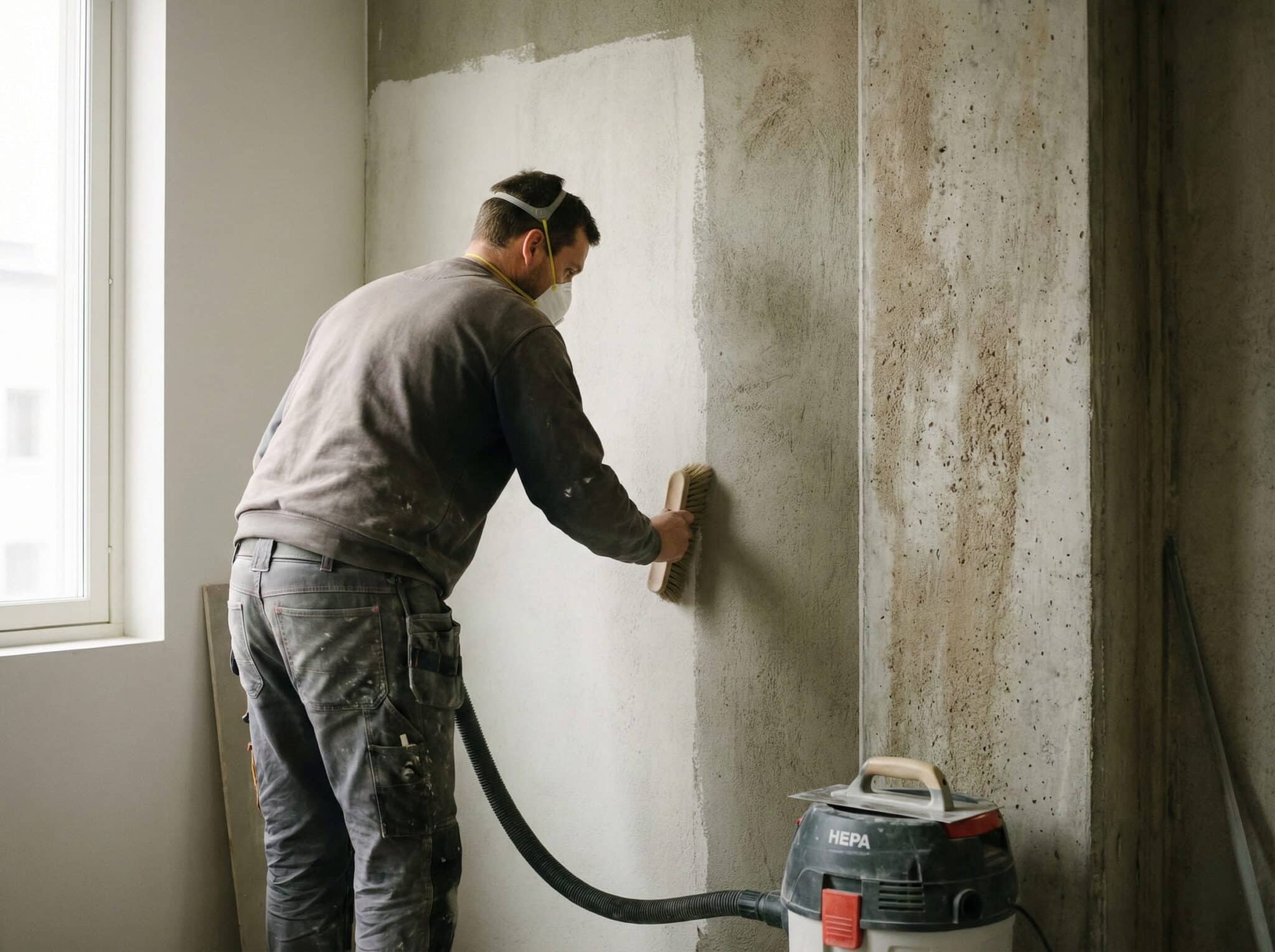 Limpieza a fondo del soporte de pared antes de instalar el revestimiento, con zona saneada lista para el adhesivo