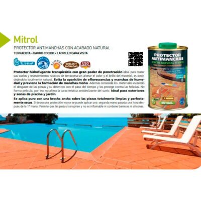 Ficha técnica del protector antimanchas Mitrol con acabado natural para terracota y barro cocido, mostrando características técnicas, certificaciones de calidad, y fotografía de aplicación en terraza exterior junto a piscina.