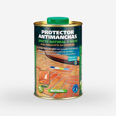 Recipiente metálico con tapa verde de protector antimanchas Mitrol de 1 litro, diseñado para tratamiento natural y mate en suelos y fachadas de terracota exterior.