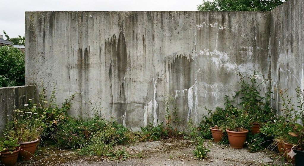 Muro de hormigón exterior antes de decorar, en jardín o patio, con manchas de agua y aspecto gris uniforme