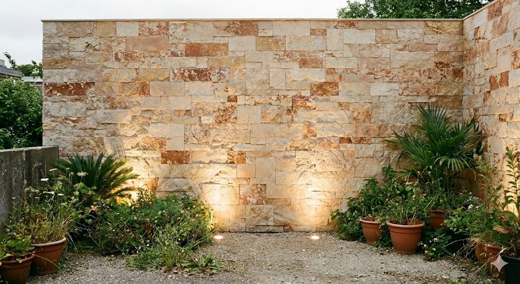Muro de hormigón exterior decorado con revestimiento tipo piedra e iluminación rasante, resultado final cálido y premium
