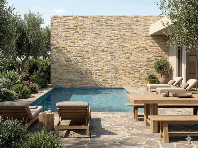 Terraza exterior con pared de revestimiento cerámico efecto piedra natural en tonos beige y grises, acompañada de piscina, mobiliario de madera y vegetación mediterránea.