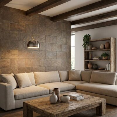 Salón contemporáneo con pared de revestimiento interior efecto piedra Baikal en tonos grises y marrones, sofá en tonos beige y mesa de madera rústica. Suelo de gres con acabado natural.