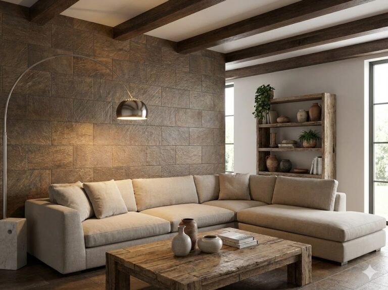 Salón contemporáneo con pared de revestimiento interior efecto piedra Baikal en tonos grises y marrones, sofá en tonos beige y mesa de madera rústica. Suelo de gres con acabado natural.