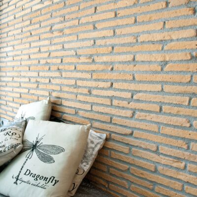 Pared interior revestida con ladrillo cerámico Cambridge Amanecer en tonos cálidos melocotón y beige, con textura rústica y juntas de mortero gris. Cojines decorativos con estampado de libélula reposan contra el revestimiento.